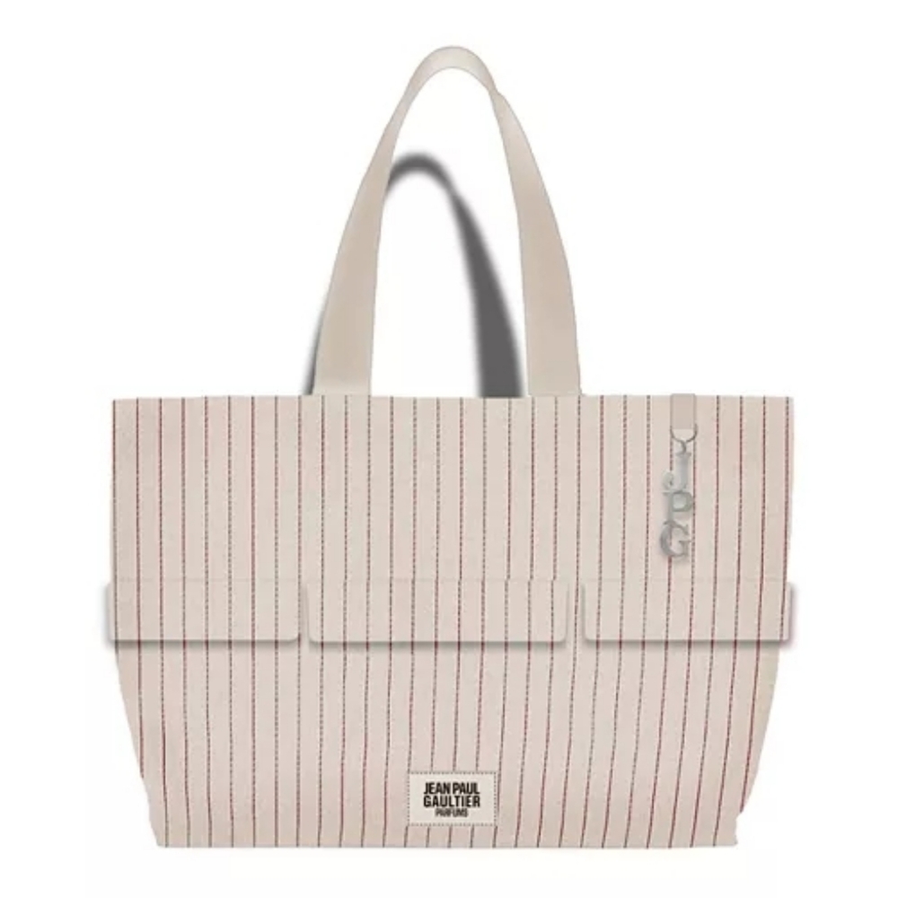 Jean Paul Gaultier Parfums Pinstriped Tote in Cream and Red